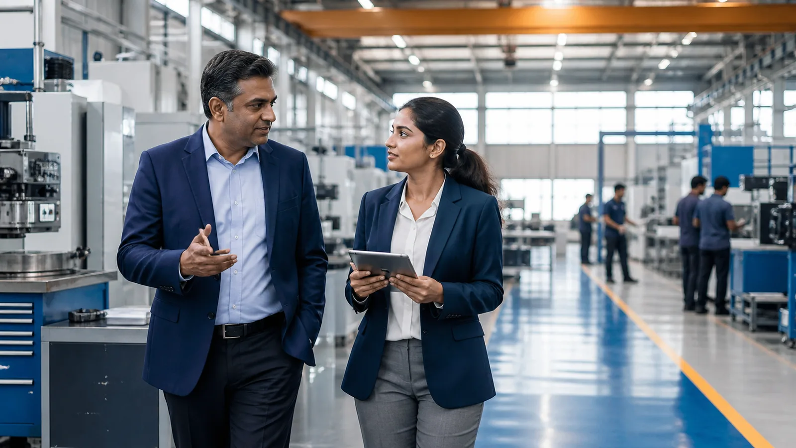 Indian manufacturing leader and marketing strategist discussing business growth on the factory floor